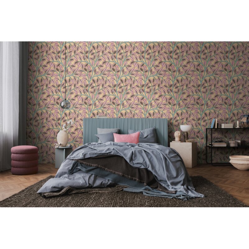 Vliestapete Gelb/Rosa mit modernem Ast- und Blattmotiv AS Creation (791504)